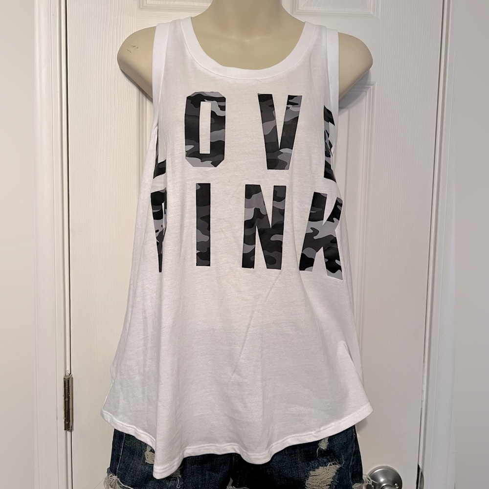 PINK Victoria secret white work out tank camo letters